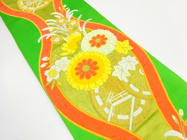 JAPANESE KIMONO / ANTIQUE FUKURO OBI / SILK / WOVEN KIKU & FLORAL CART